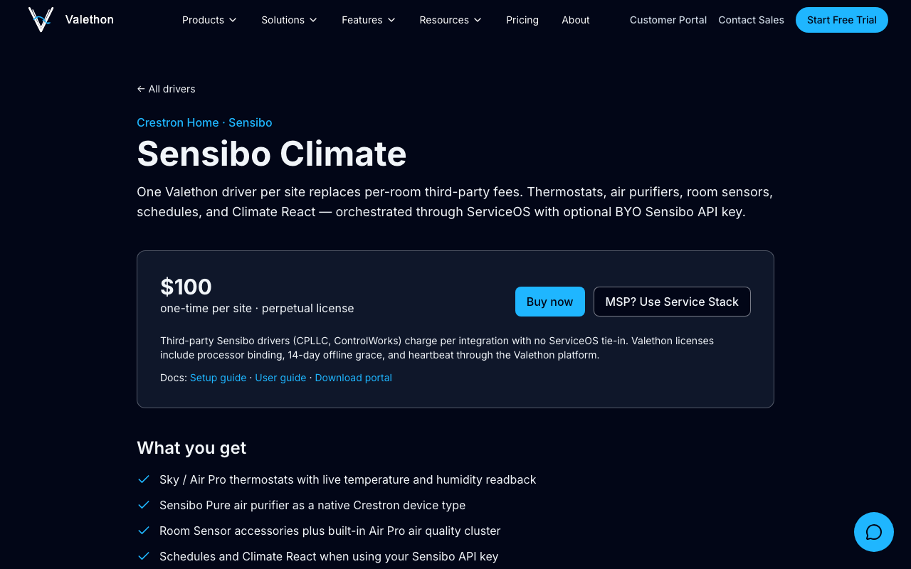 Sensibo Climate product page with $100 license and Buy now