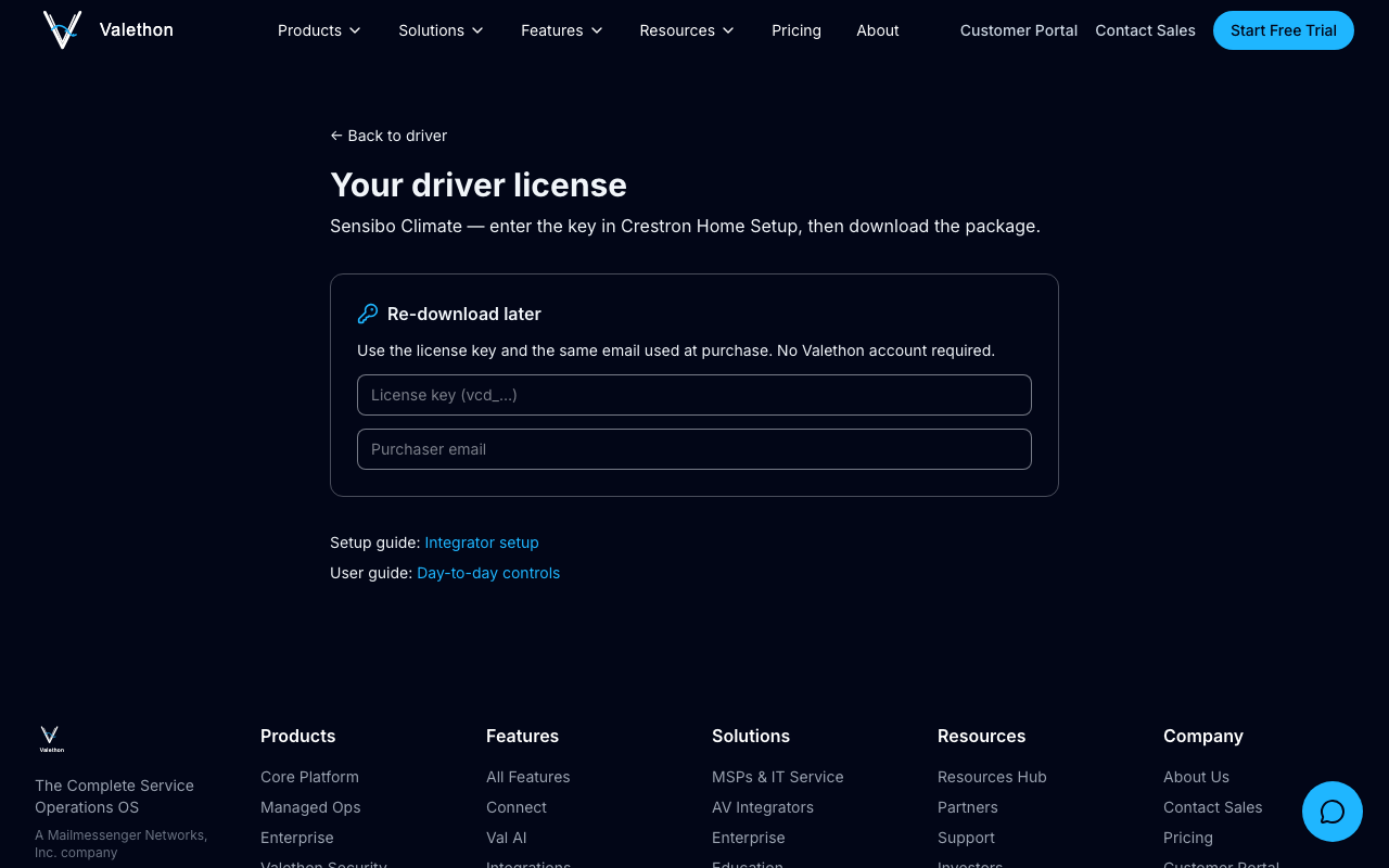 Download portal with license key and purchaser email fields
